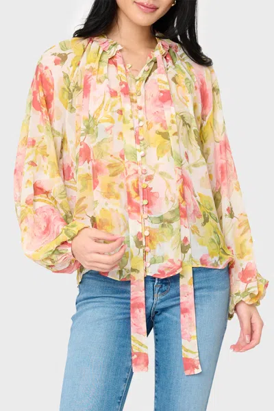 Reset By Jane Button Front Chiffon Blouse With Tie In Pink/yellow Floral Garden Print In Multi
