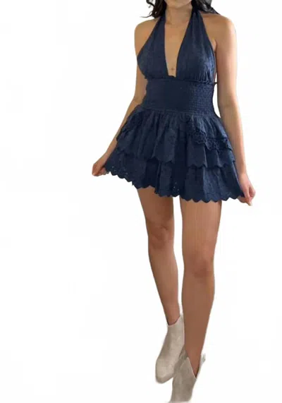 Reset By Jane Deep V Mini Eyelet Dress In Navy In Blue