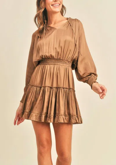 Reset By Jane Long Sleeve Layered Dress In Bronze In Beige