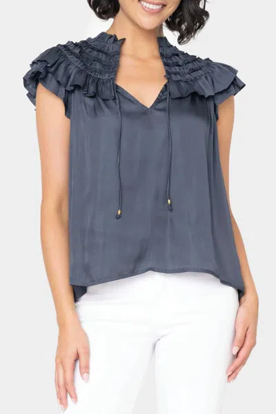 Reset By Jane Ruffled Yoke Crinkle Blouse In Navy In Blue