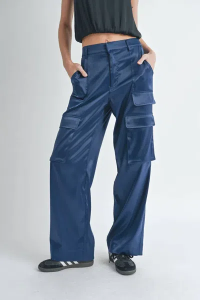 Reset By Jane Satin Cargo Pants In Navy In Blue