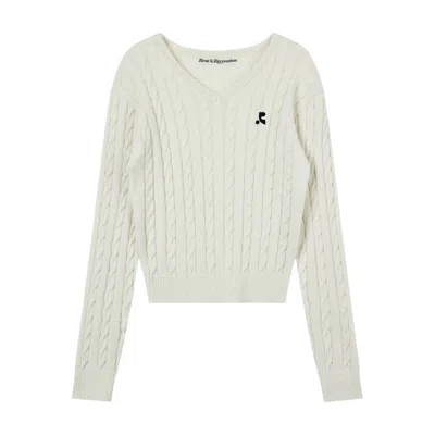 Rest&recreation Cable V-neck Knit Top In White
