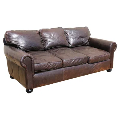 Pre-owned Restoration Hardware Brown Leather Three-seat Sofa Vintage Modern Down-filled