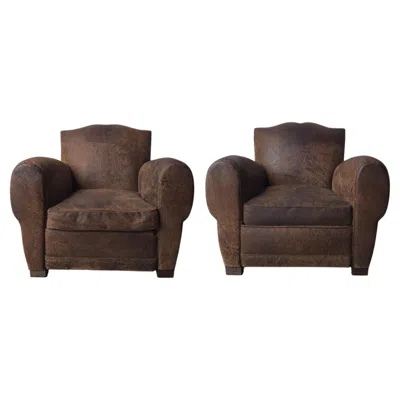 Pre-owned Restoration Hardware French Style Patinated Leather Lounge Chairs By  In Black