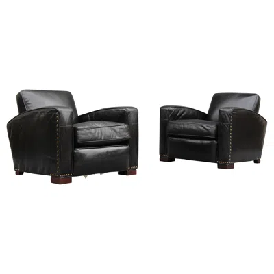 Pre-owned Restoration Hardware Leather Library Or Lounge Chair Black Leather Brass Studs