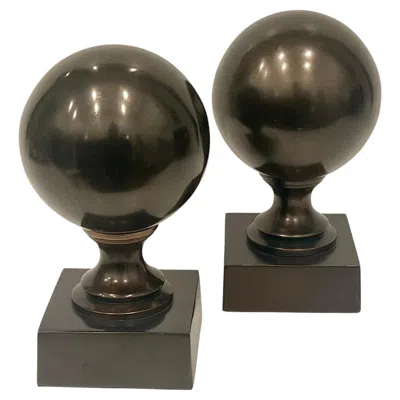 Pre-owned Restoration Hardware Neoclassical Style Pair Of Patinated Bronze Finish Ball Bookends In Black