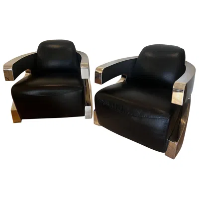 Pre-owned Restoration Hardware Pair Of Art Deco Style Leather And Chrome/aviator Lounge Chairs In Black