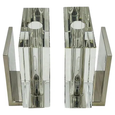 Pre-owned Restoration Hardware Pair Of Crystal & Nickel Wall Sconces In Transparent