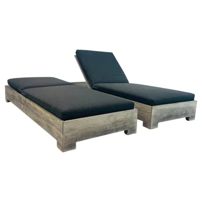 Pre-owned Restoration Hardware Pair Of  Teak Outdoor Loungers With Black Cushions