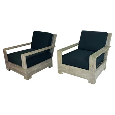 Pre-owned Restoration Hardware Pair Of  Teak Patio Armchairs With Black Cushions, Labeled