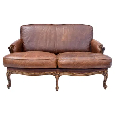 Pre-owned Restoration Hardware Vintage Louis Xv Style Leather Loveseat Sofa In Brown