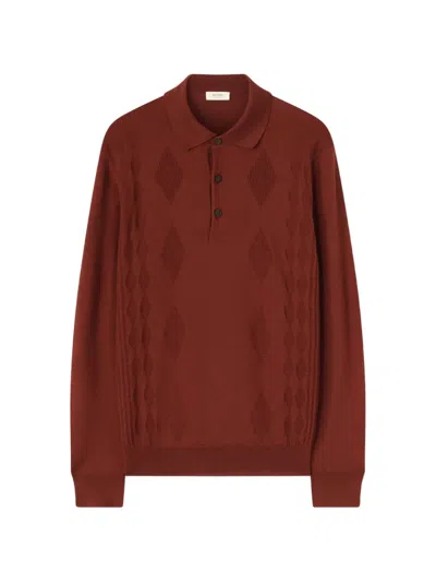 Retori Argyle-stitch Long-sleeve Wool Polo Shirt In Brown