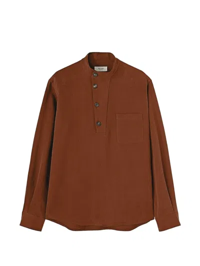 Retori Band-collar Half-placket T-shirt In Brown