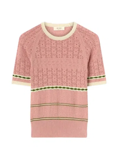 Retori Floral-stitch Striped T-shirt In Pink