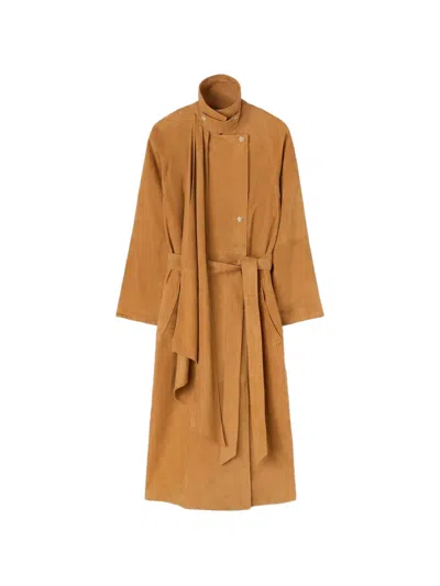 Retori Integrated-scarf Suede Trench Coat In Brown