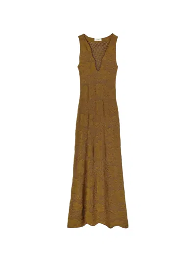 Retori Jacquard-knit Net-detail Midi Dress In Brown
