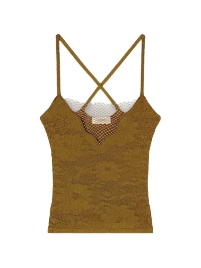 Retori Jacquard-knit Net-detail Top In Brown