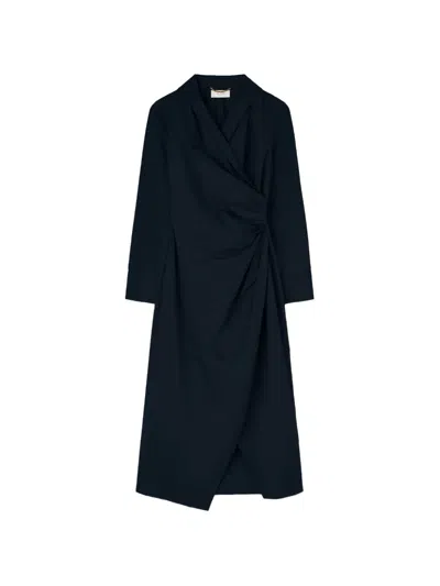 Retori Long-sleeve Draped-front Cotton Midi Dress In Blue