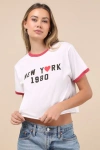 Retro Brand New York 1980 White Ringer Cropped Graphic Tee In White