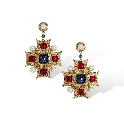 Retro Chic Women's Gold / Blue / Red Byzantine King Earrings In Green