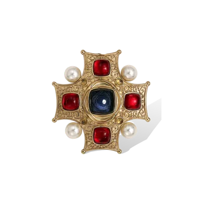 Retro Chic Women's Gold / Red / Blue Byzantine King Brooch In Gray