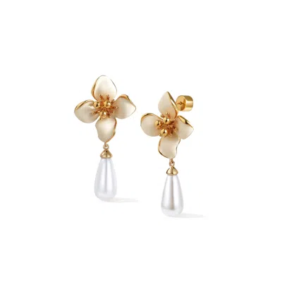 Retro Chic Women's White / Gold Iris Blossom Pearl Earrings In Multi