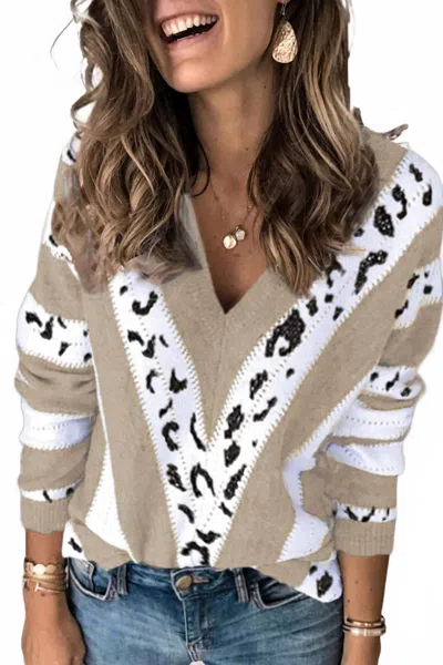 Retro Fashion Animal Print Accent V Neck Sweater In Brown