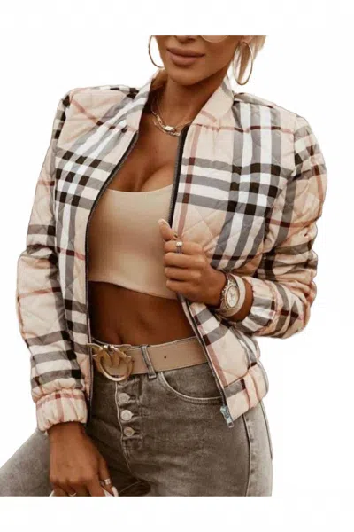 Retro Fashion Long Sleeve Zipper Up Puffer Jacket In Light Pink In Gray