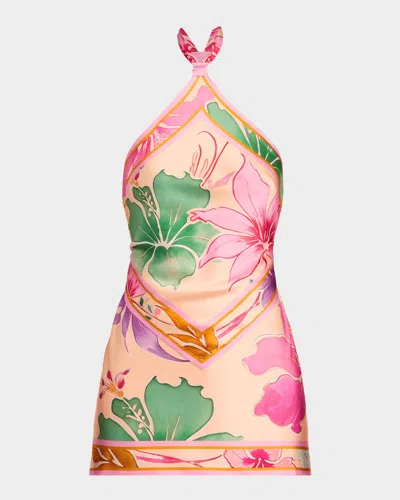 Retroféte Adelaide Floral Silk Knotted Halter Overlay Mini Dress In Ivory Hibiscus