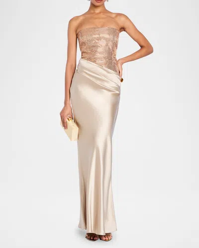 Retroféte Alexandra Strapless Sequin Draped Dress In Latte