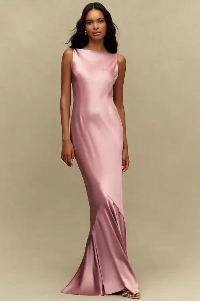 Retroféte Ambrosia Straight-neck Ruffled Satin Maxi Dress In Pink