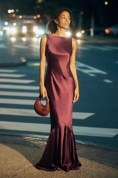 Retroféte Ambrosia Straight-neck Ruffled Satin Maxi Dress In Red