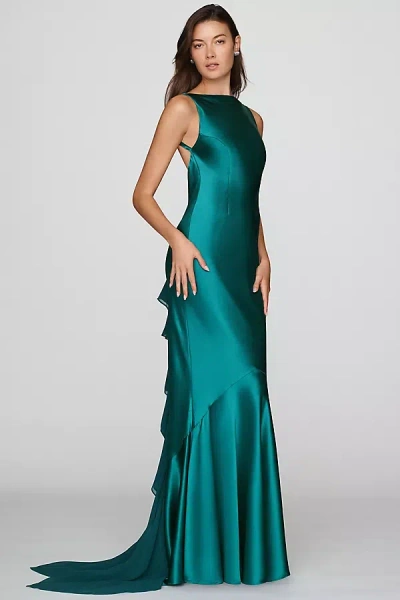 Retroféte Ambrosia Straight-neck Ruffled Satin Maxi Dress In Green