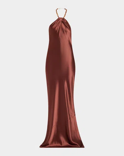 Retroféte Anat Satin Beaded Halter Dress In Brown