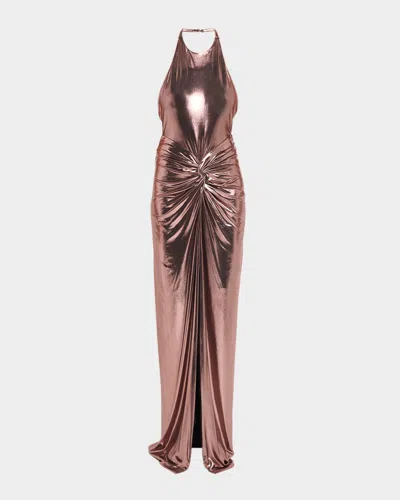 Retroféte Anida Twisted Lame Halter Gown In Brown