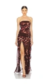 Retroféte Annalise Ruched Strapless Polka Dot Dress In Latte Abstract & Orchid