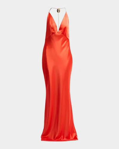 Retroféte Arianell Plunging Satin Maxi Dress In Orange