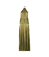 Retroféte Thalia Pleated Metallic Halter Side-slit Drop-waist Maxi Dress