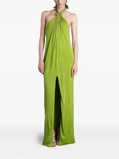Retroféte Becs Bead-embellished Halterneck Long Dress In Green