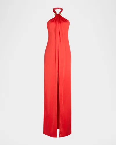 Retroféte Becs Satin Halter Gown In Geranium