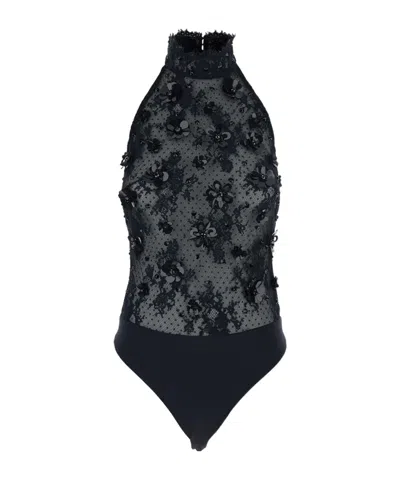 Retroféte Black Bodysuit With Halterneck And All-over Floral Embroidery In Tech Fabric