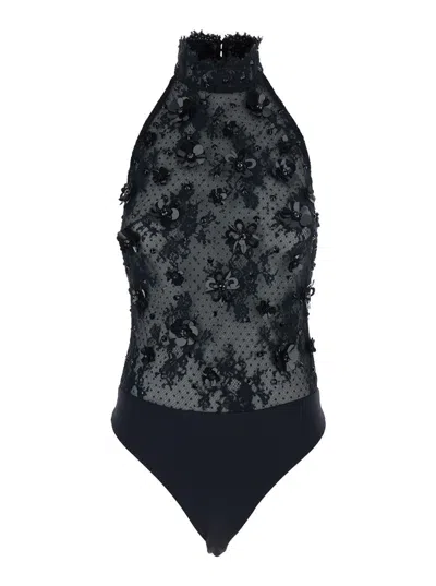 RETROFÉTE BLACK BODYSUIT WITH HALTERNECK AND ALL-OVER FLORAL EMBROIDERY IN TECH FABRIC WOMAN