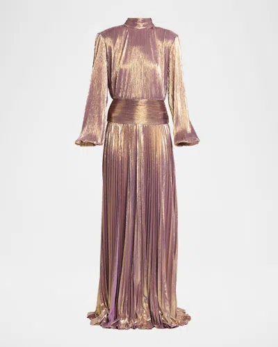 Retroféte Brienne Long-sleeve Lamé Gown In Brown