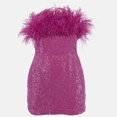 Pre-owned Retroféte Bright Pink Sequin Embellished Faux Feather Detail Strapless Mini Dress S