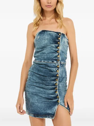 Retroféte Button-fastening Strapless Mini Dress In Blue