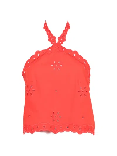 Retroféte Caliane Broderie-anglaise Halterneck Top In Red