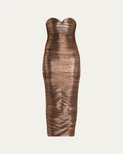 Retroféte Calypsa Strapless Lamé Midi Dress In Brown