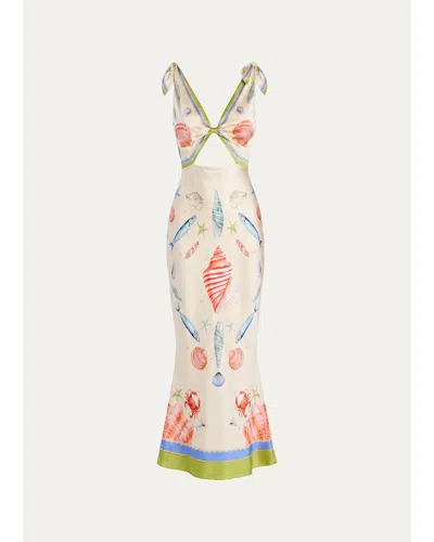 Retroféte Carlotte Seashell-print Silk Satin Midi Dress In Multi