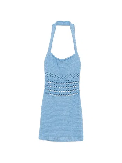 Retroféte Crochet-construction Halterneck Mini Dress In Blue