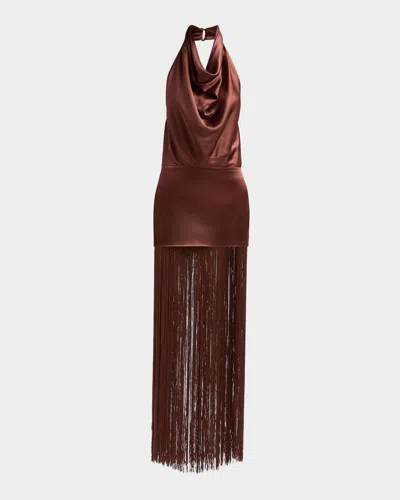 Retroféte Cyrelle Cowl Fringe Maxi Dress In Green